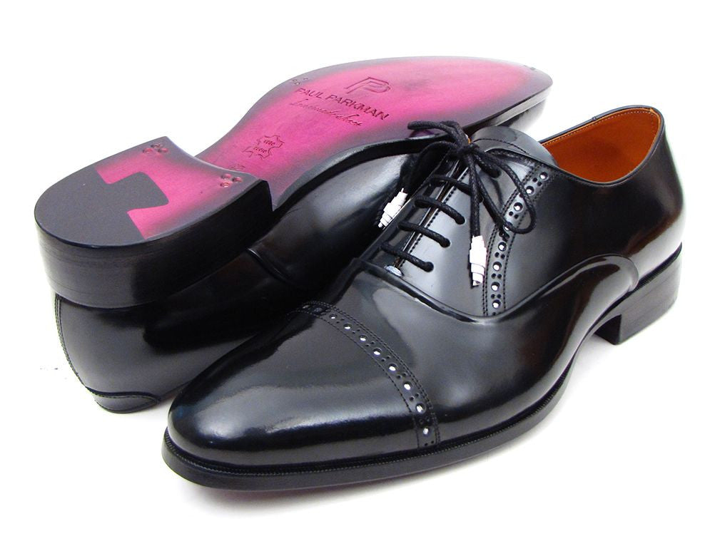 Paul Parkman Captoe Oxfords in black polished leather with white perforations and purple sole, showcasing elegant design and craftsmanship.