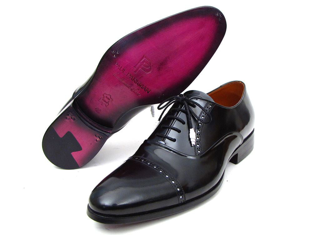 Paul Parkman Captoe Oxfords in black polished leather with white perforations and purple sole, showcasing elegant design and craftsmanship.