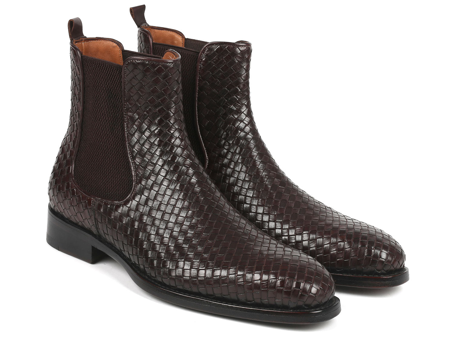 Paul Parkman Chocolate Brown Woven Leather Chelsea Boots showcasing a woven leather upper and elegant design.