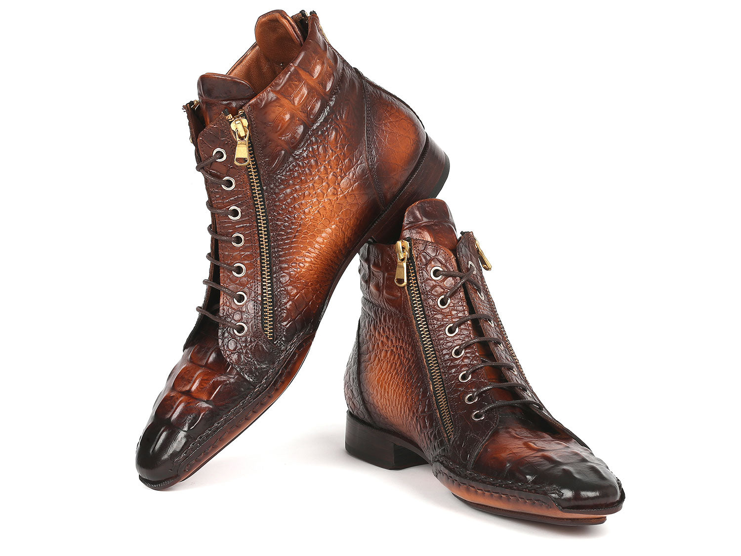 Paul Parkman Crocodile Textured Calfskin Handmade Zipper Boots showcasing luxurious brown burnished upper and decorative zippers.