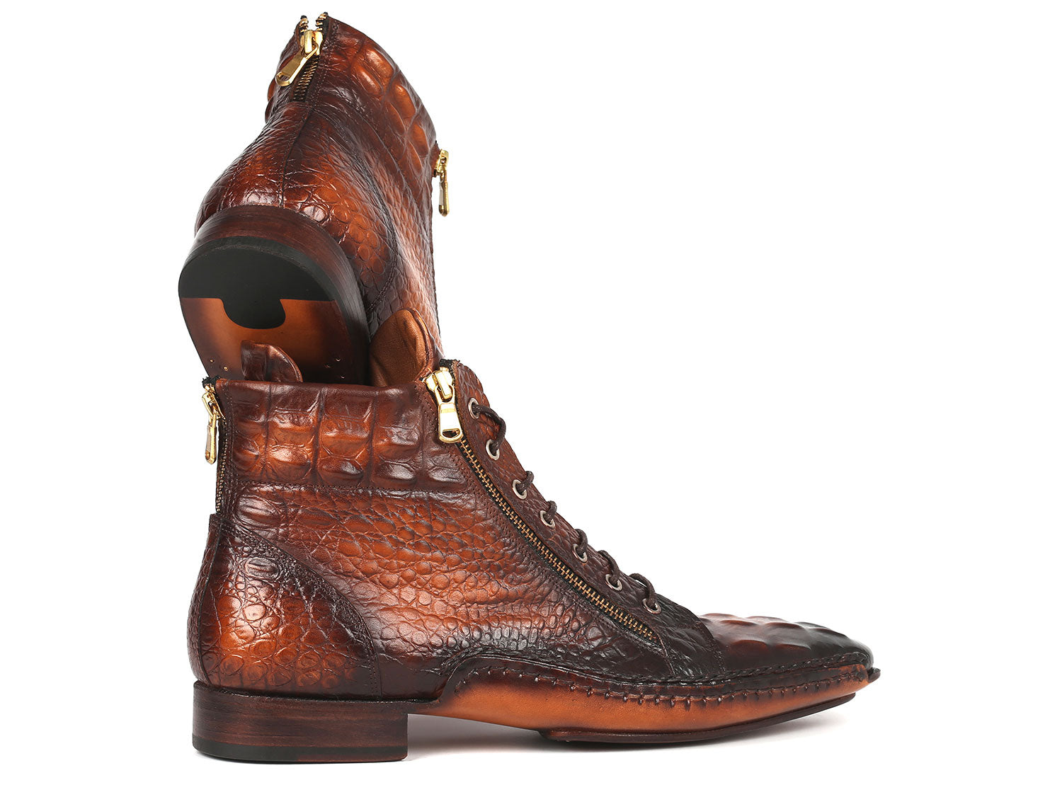 Paul Parkman Crocodile Textured Calfskin Handmade Zipper Boots showcasing luxurious brown burnished upper and decorative zippers.