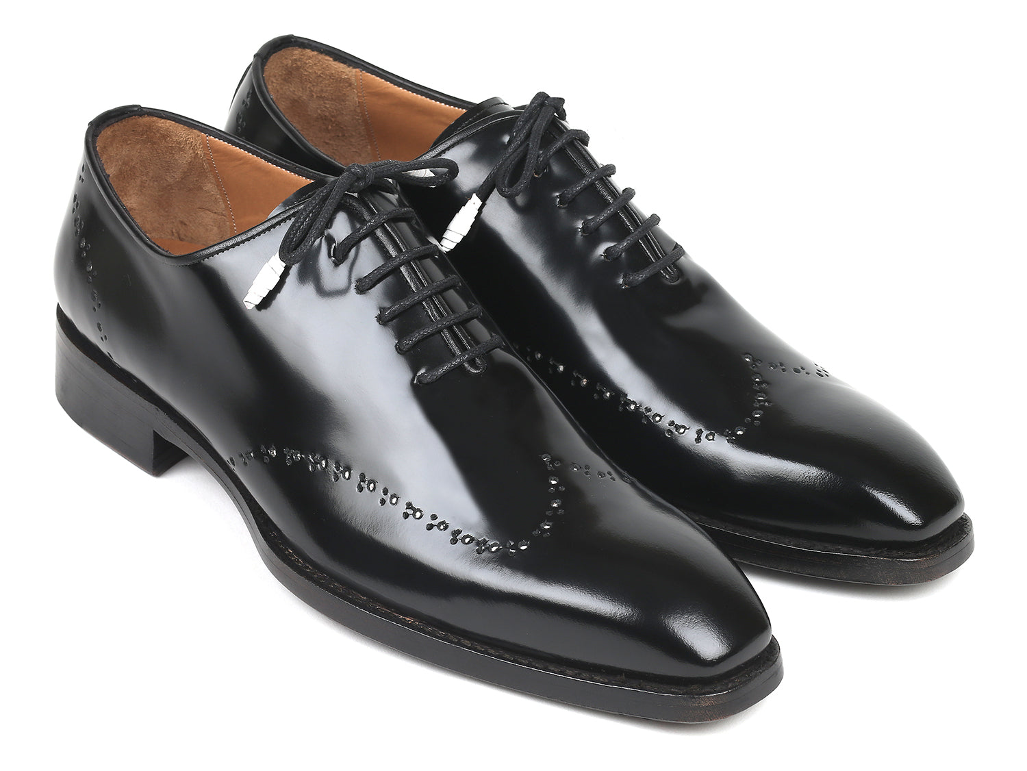 Paul Parkman Goodyear Welted Wingtip Oxfords in black polished leather with white perforated detailing, showcasing elegant craftsmanship.