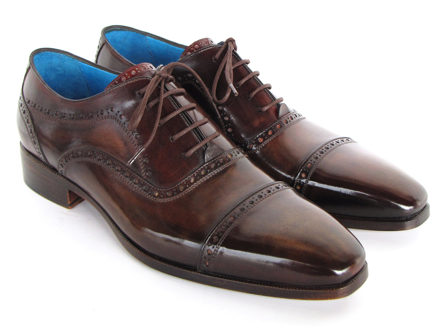 Paul Parkman Men's Captoe Oxfords in Anthracite Brown, showcasing hand-painted leather, cap-toe design, and blue lining.
