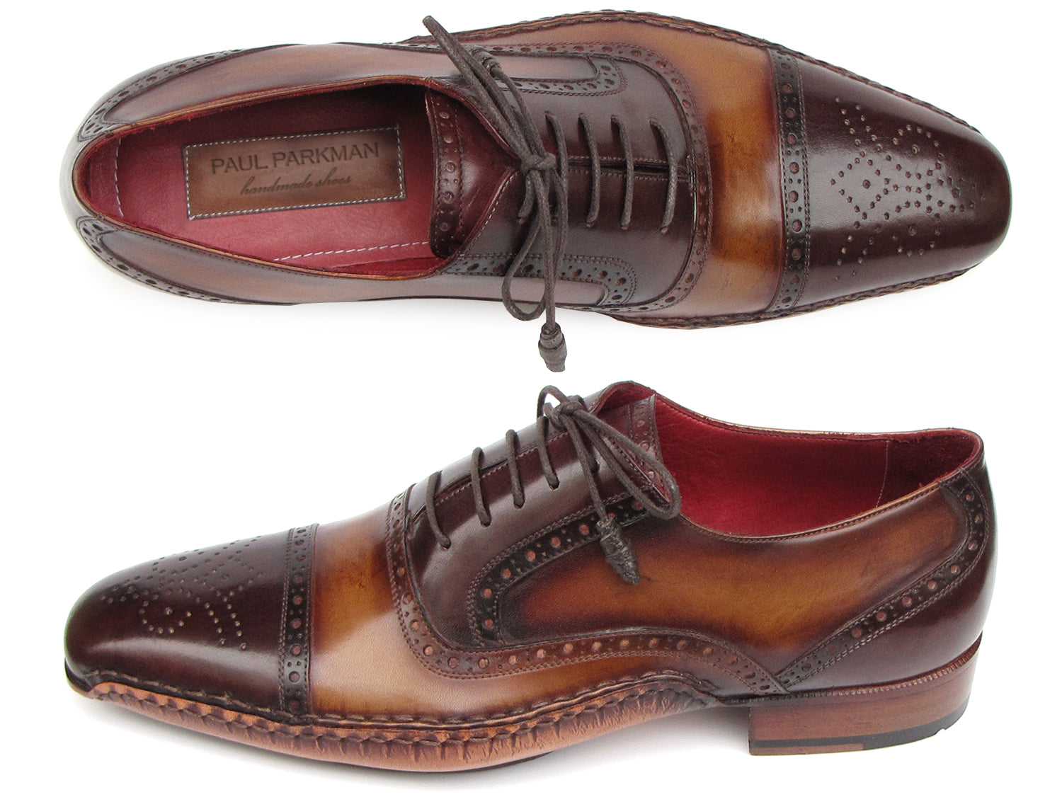 Paul Parkman Men's Captoe Oxfords in brown hand-painted leather with leather sole and bordeaux lining, showcasing elegant craftsmanship.