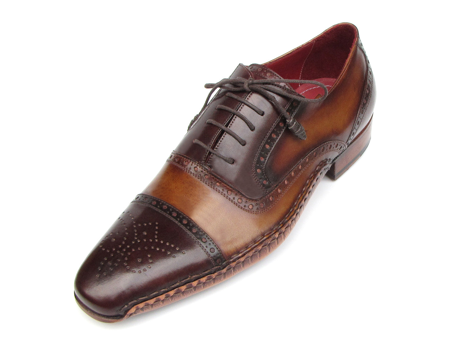 Paul Parkman Men's Captoe Oxfords in brown hand-painted leather with leather sole and bordeaux lining, showcasing elegant craftsmanship.