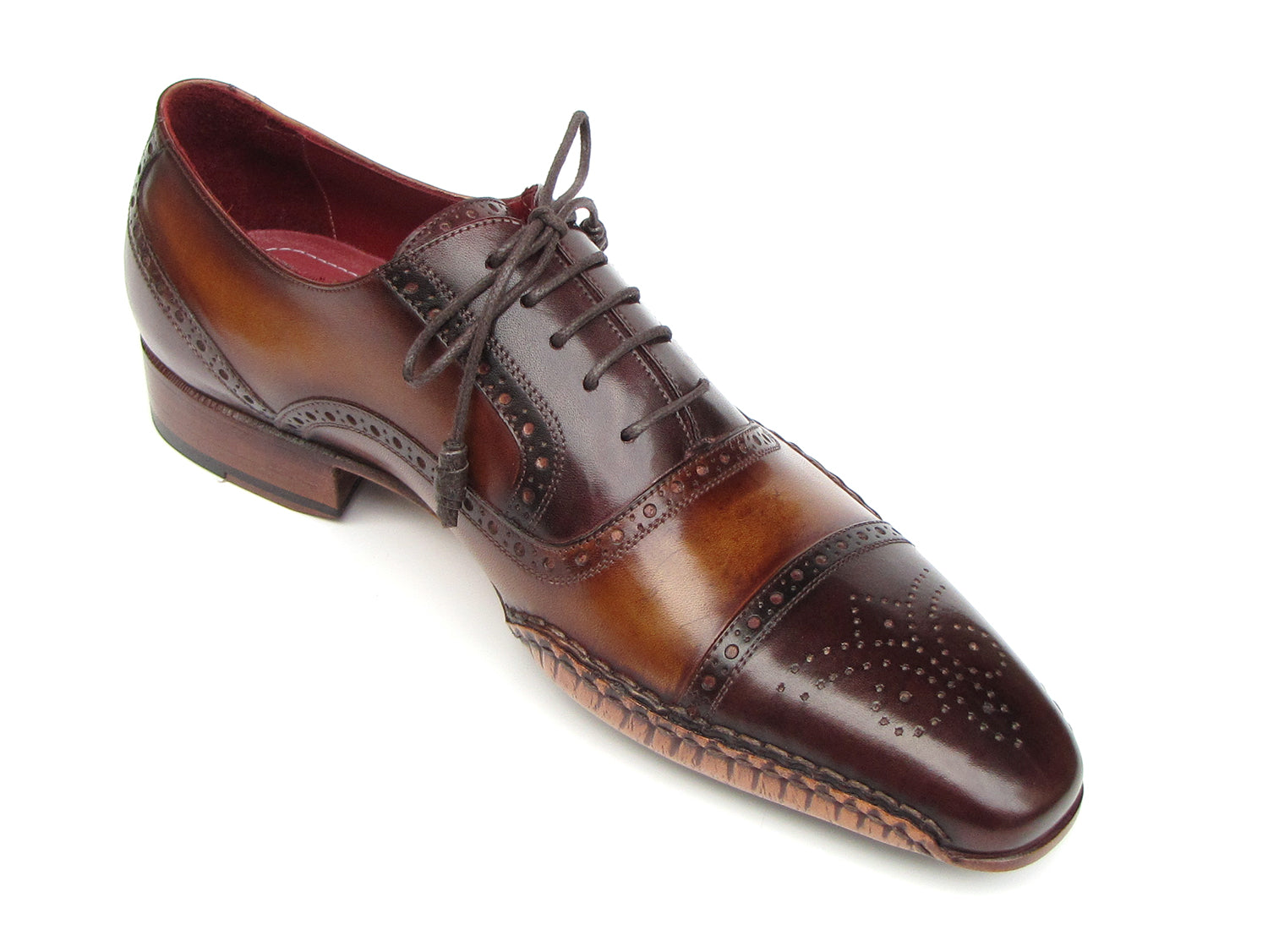 Paul Parkman Men's Captoe Oxfords in brown hand-painted leather with leather sole and bordeaux lining, showcasing elegant craftsmanship.