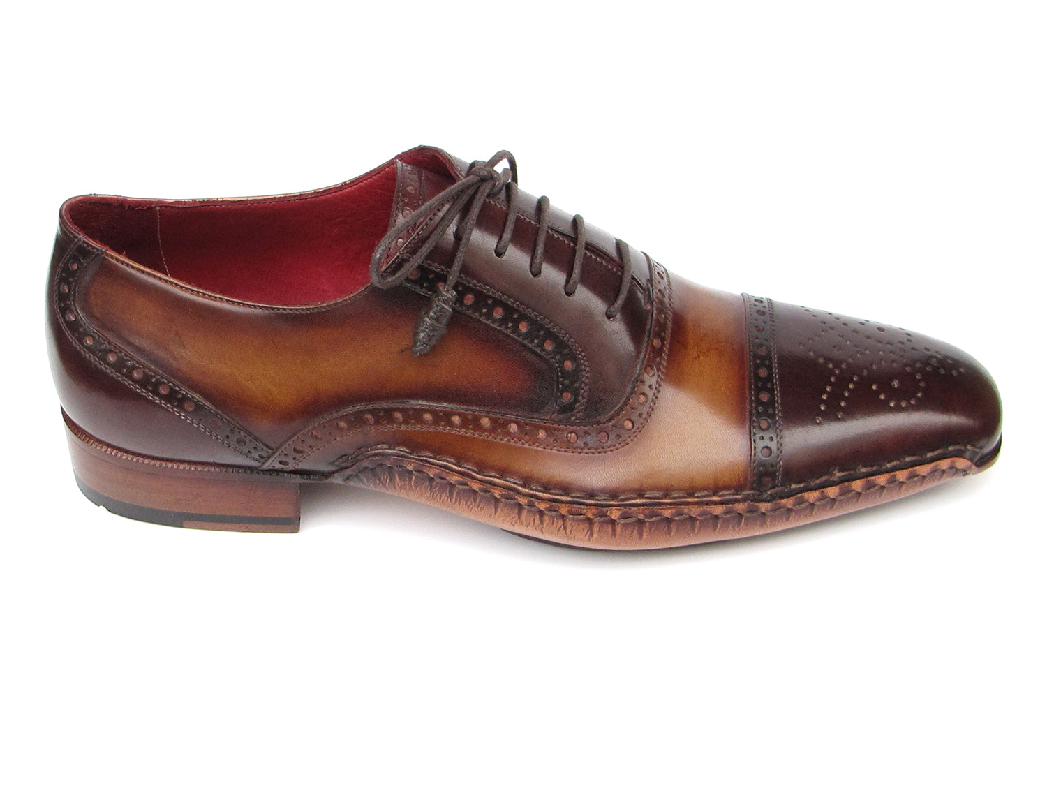 Paul Parkman Men's Captoe Oxfords in brown hand-painted leather with leather sole and bordeaux lining, showcasing elegant craftsmanship.