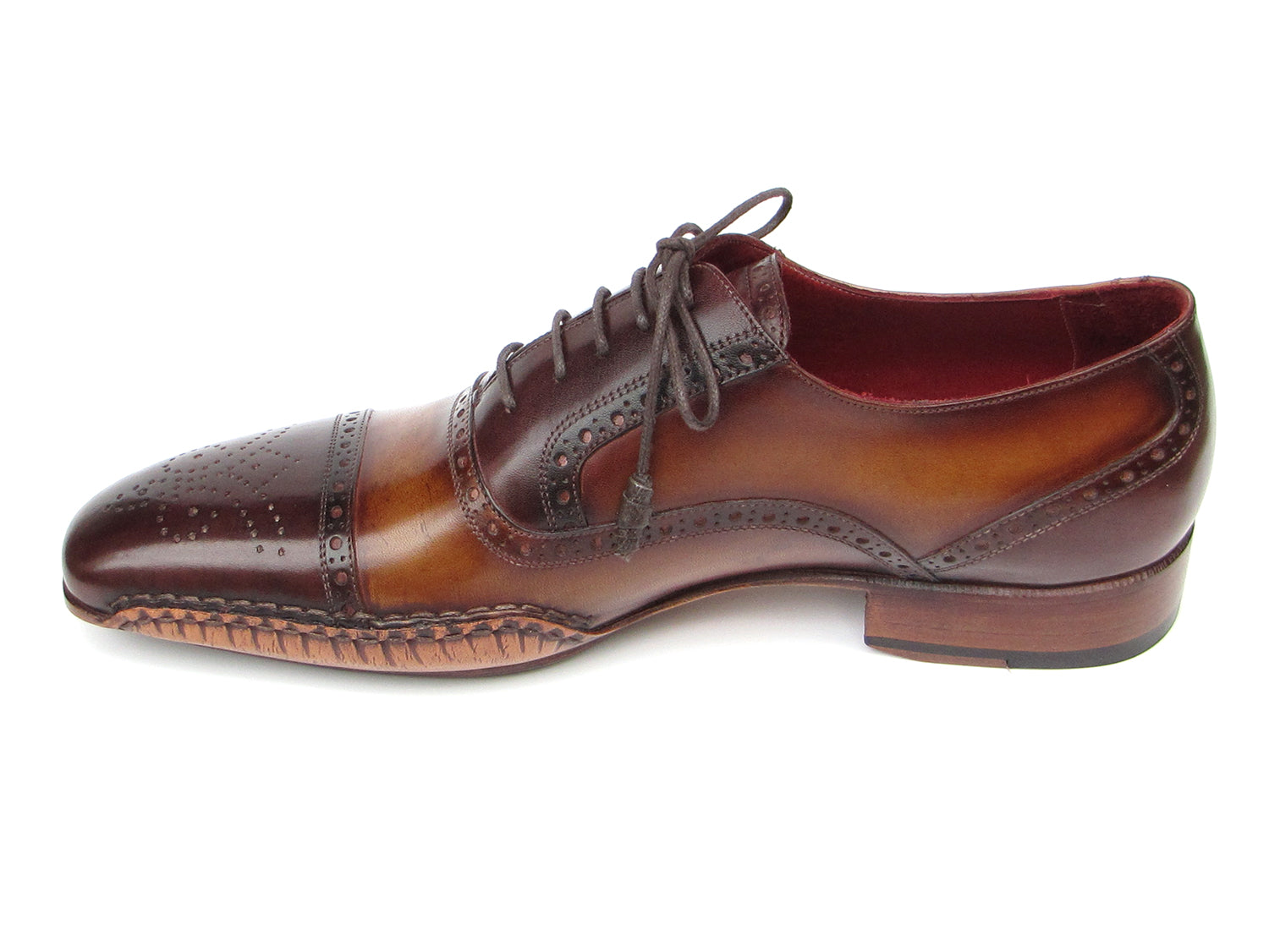 Paul Parkman Men's Captoe Oxfords in brown hand-painted leather with leather sole and bordeaux lining, showcasing elegant craftsmanship.