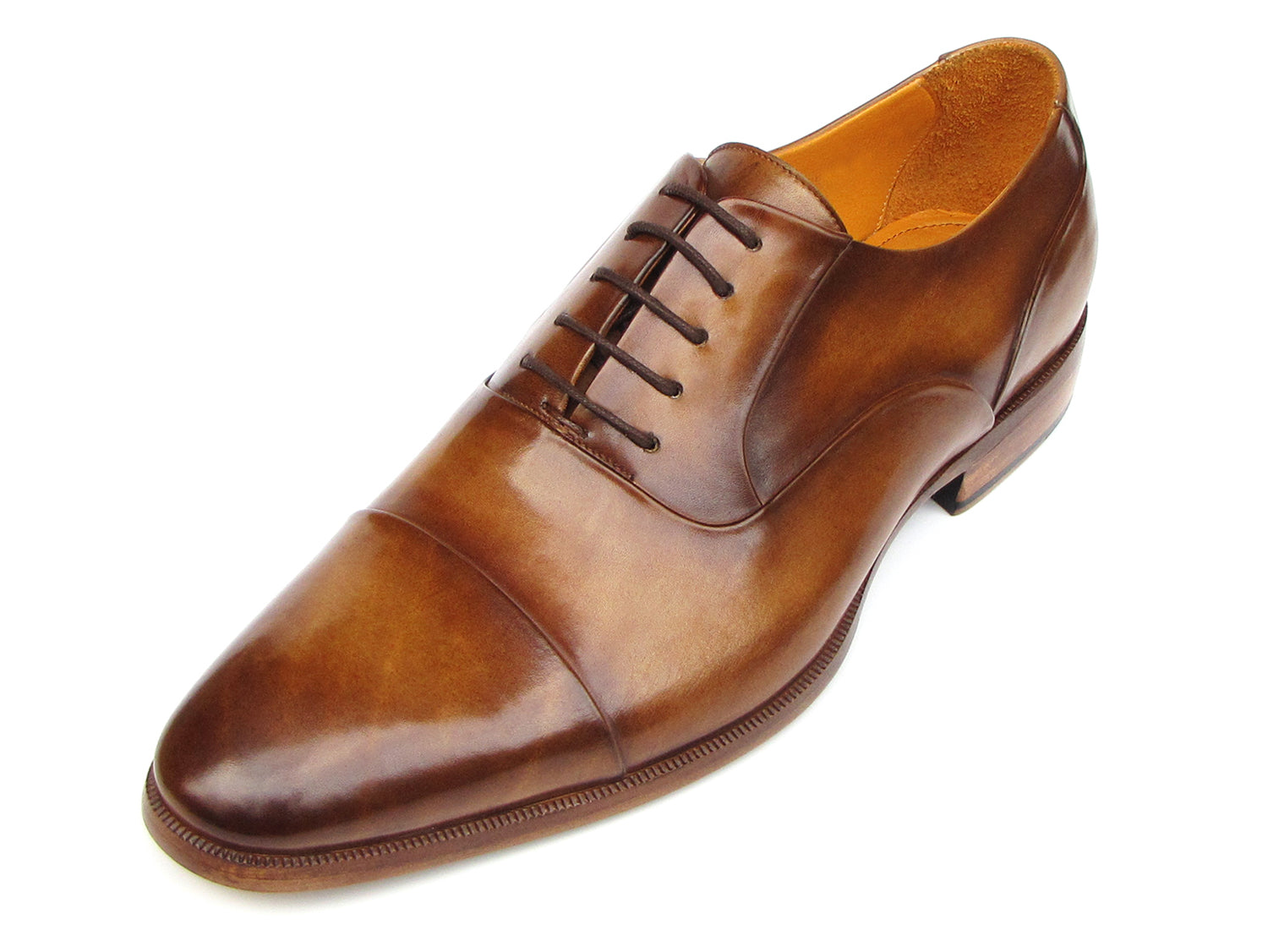 Paul Parkman Men's Captoe Oxfords in brown leather, showcasing the elegant captoe design and unique hand-painted finish.