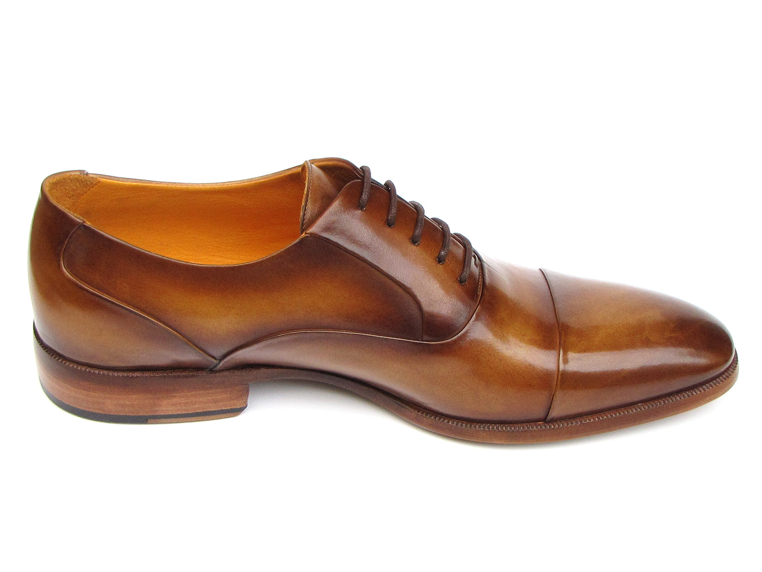Paul Parkman Men's Captoe Oxfords in brown leather, showcasing the elegant captoe design and unique hand-painted finish.