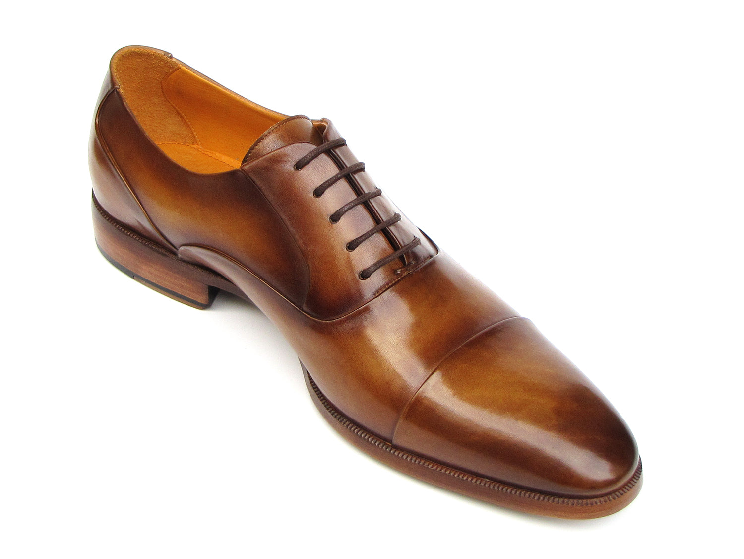Paul Parkman Men's Captoe Oxfords in brown leather, showcasing the elegant captoe design and unique hand-painted finish.