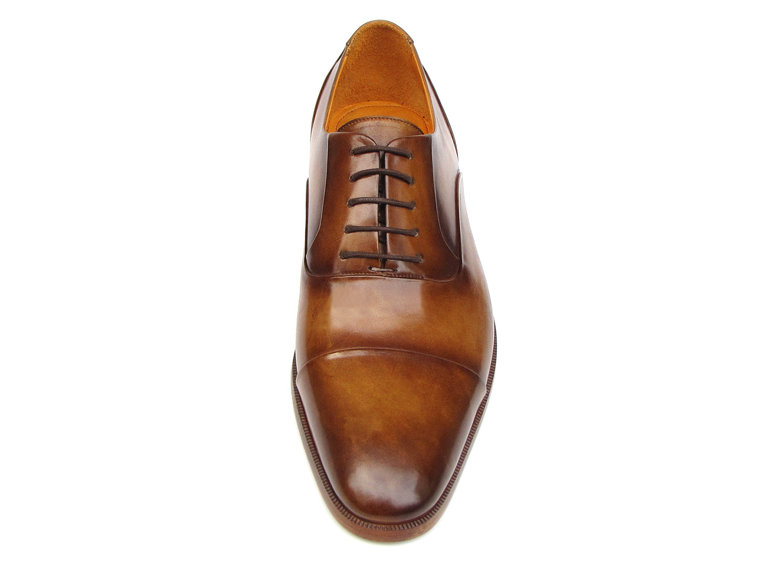 Paul Parkman Men's Captoe Oxfords in brown leather, showcasing the elegant captoe design and unique hand-painted finish.