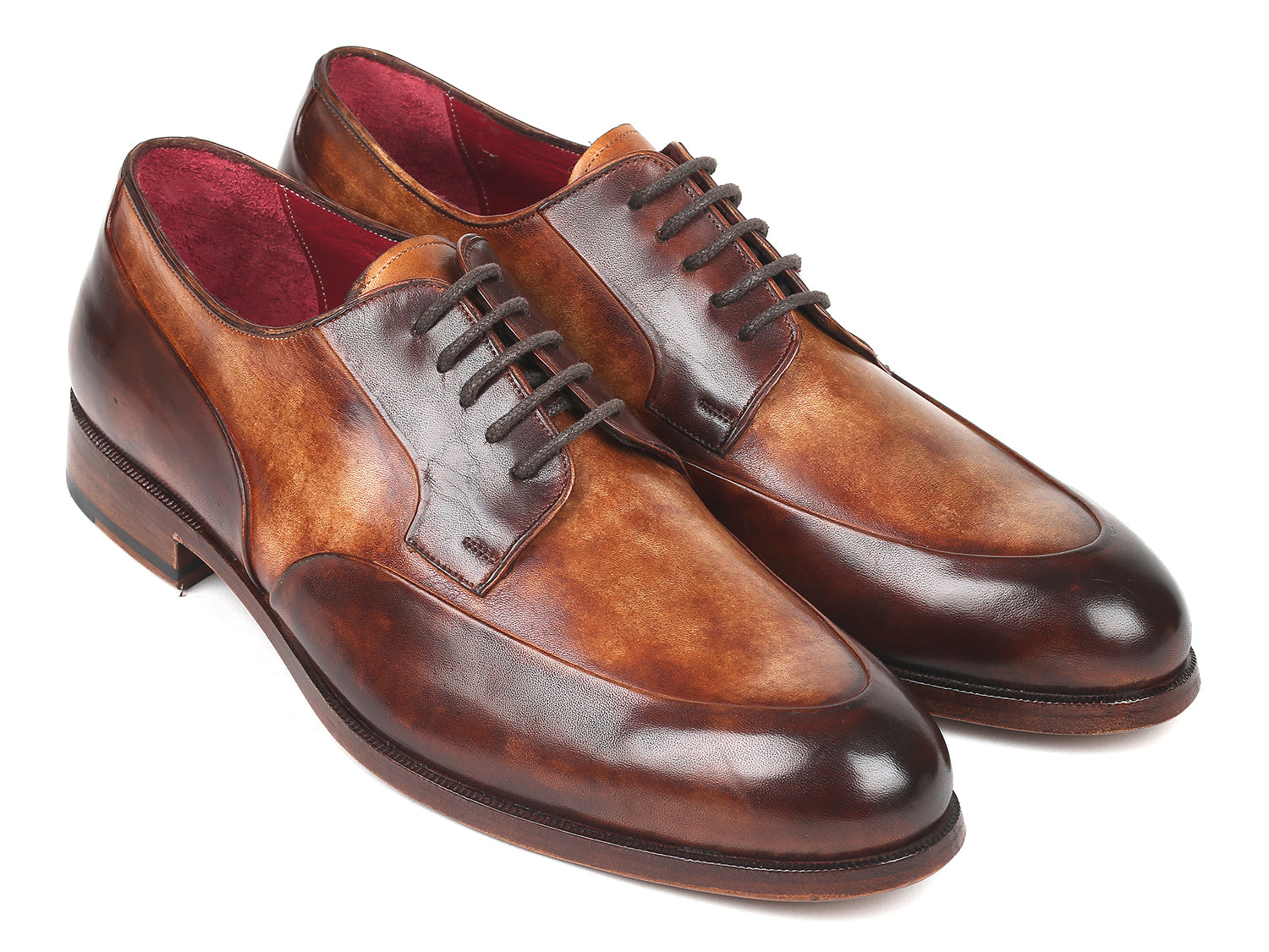 Paul Parkman Men's Dual Tone Brown Derby Shoes showcasing hand-painted calfskin upper and natural burnished leather sole.