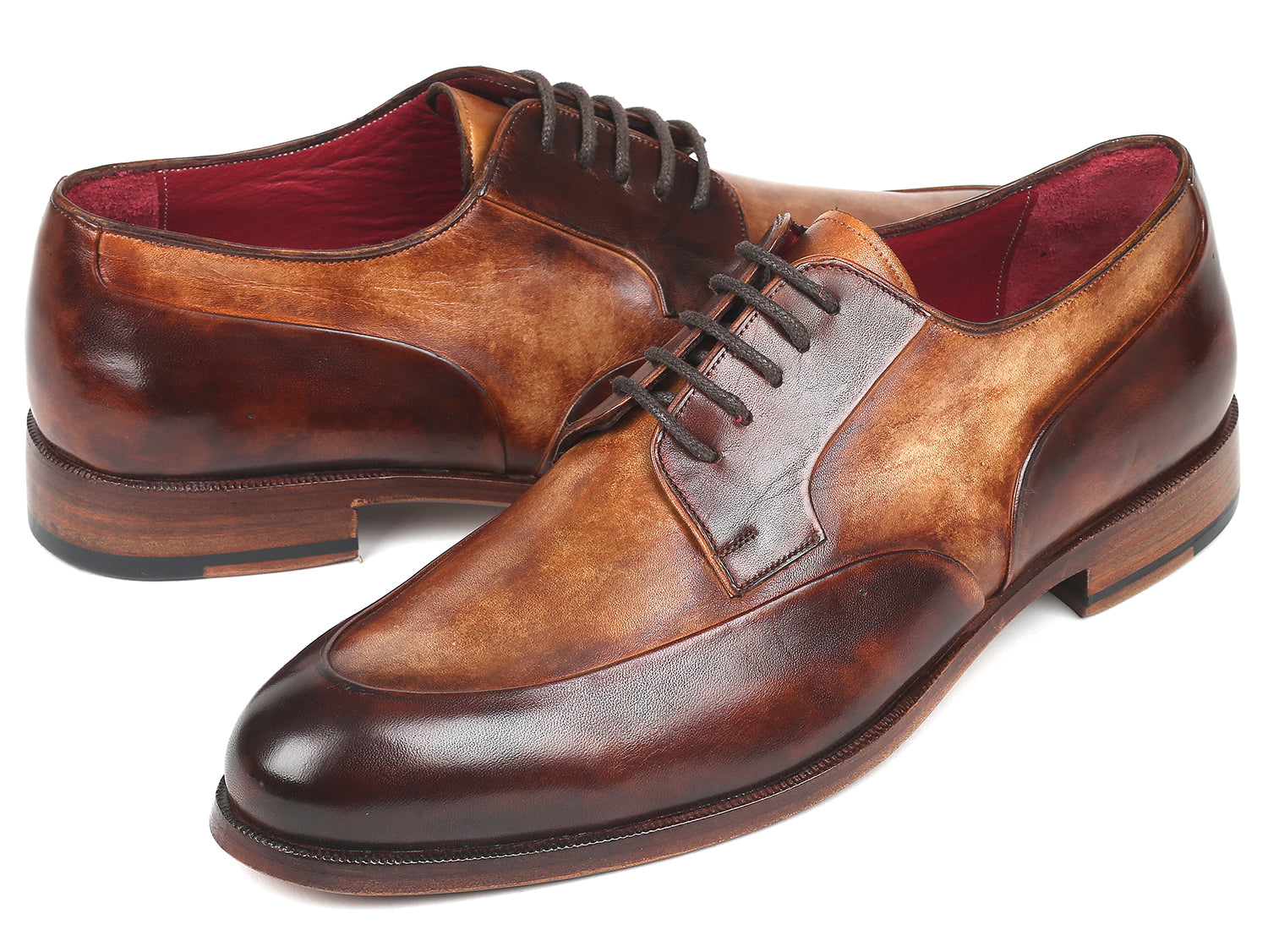 Paul Parkman Men's Dual Tone Brown Derby Shoes showcasing hand-painted calfskin upper and natural burnished leather sole.
