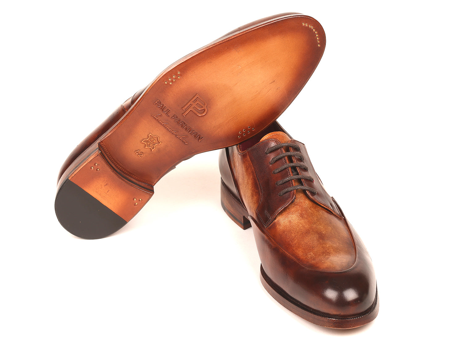 Paul Parkman Men's Dual Tone Brown Derby Shoes showcasing hand-painted calfskin upper and natural burnished leather sole.