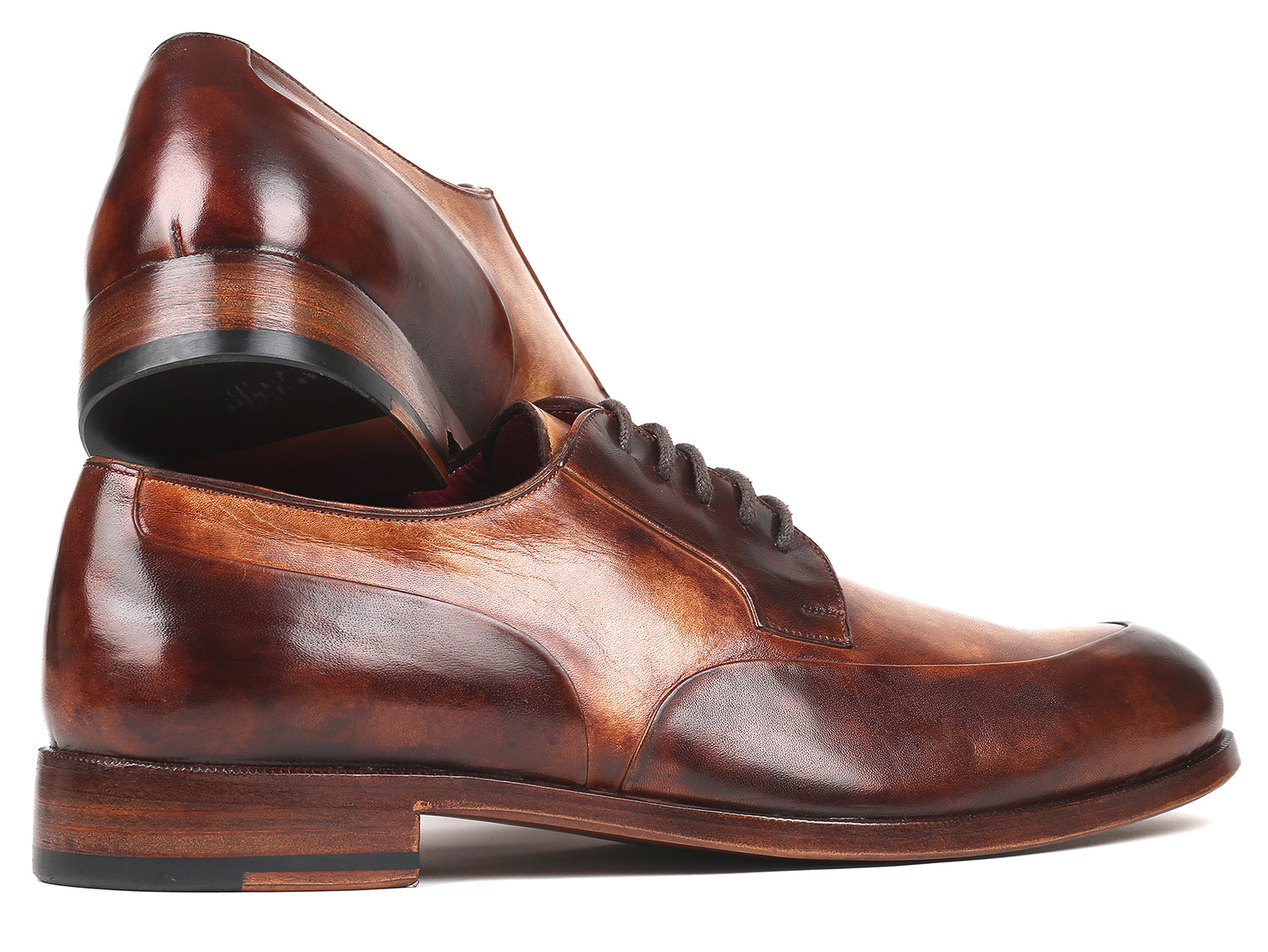Paul Parkman Men's Dual Tone Brown Derby Shoes showcasing hand-painted calfskin upper and natural burnished leather sole.