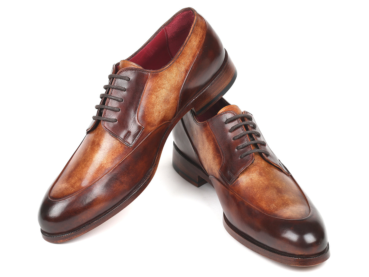 Paul Parkman Men's Dual Tone Brown Derby Shoes showcasing hand-painted calfskin upper and natural burnished leather sole.