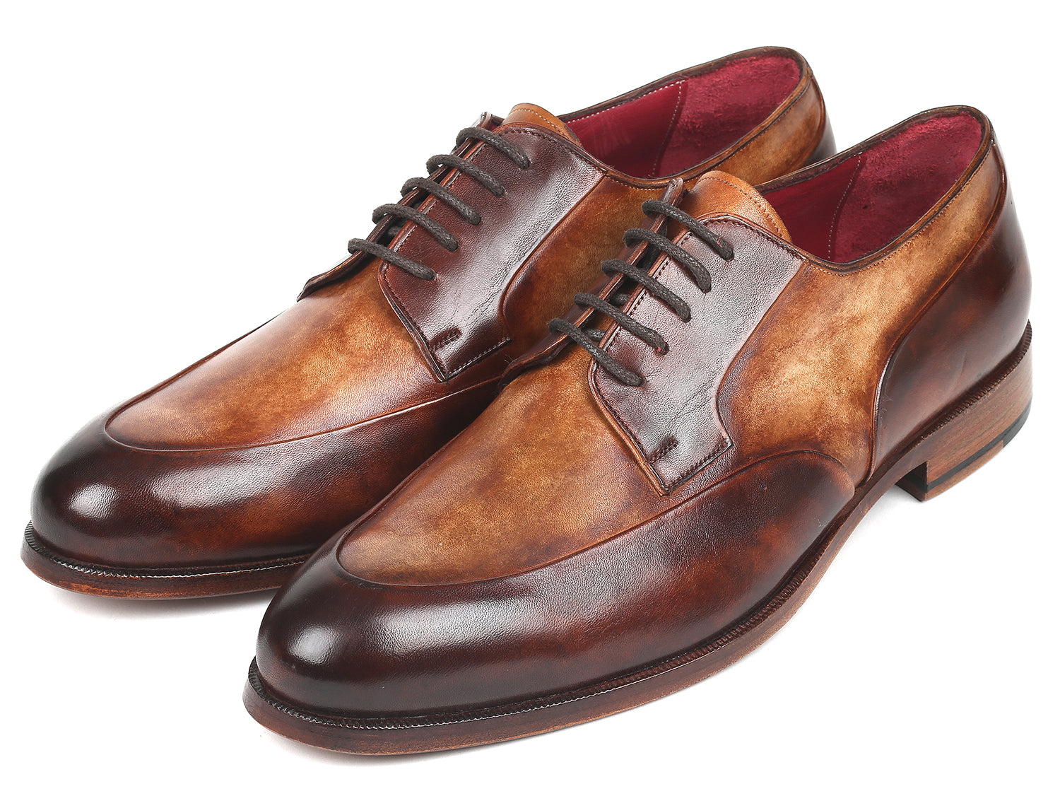 Paul Parkman Men's Dual Tone Brown Derby Shoes showcasing hand-painted calfskin upper and natural burnished leather sole.
