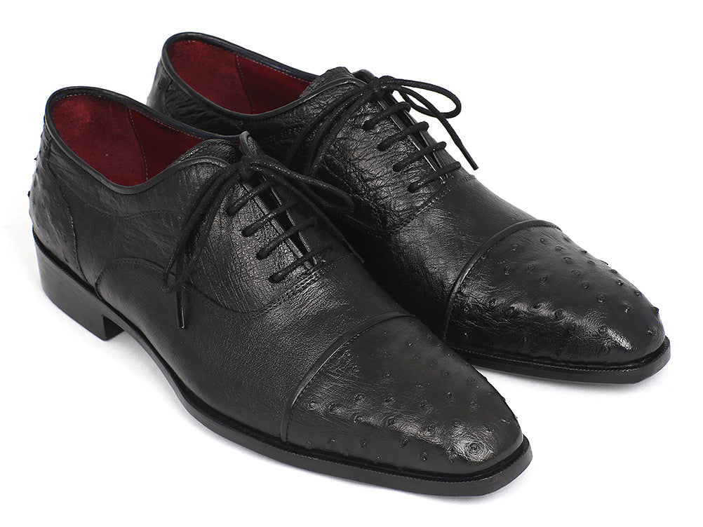 Paul Parkman Men's Genuine Ostrich Captoe Oxfords in black, showcasing the unique ostrich leather texture and elegant cap-toe design.