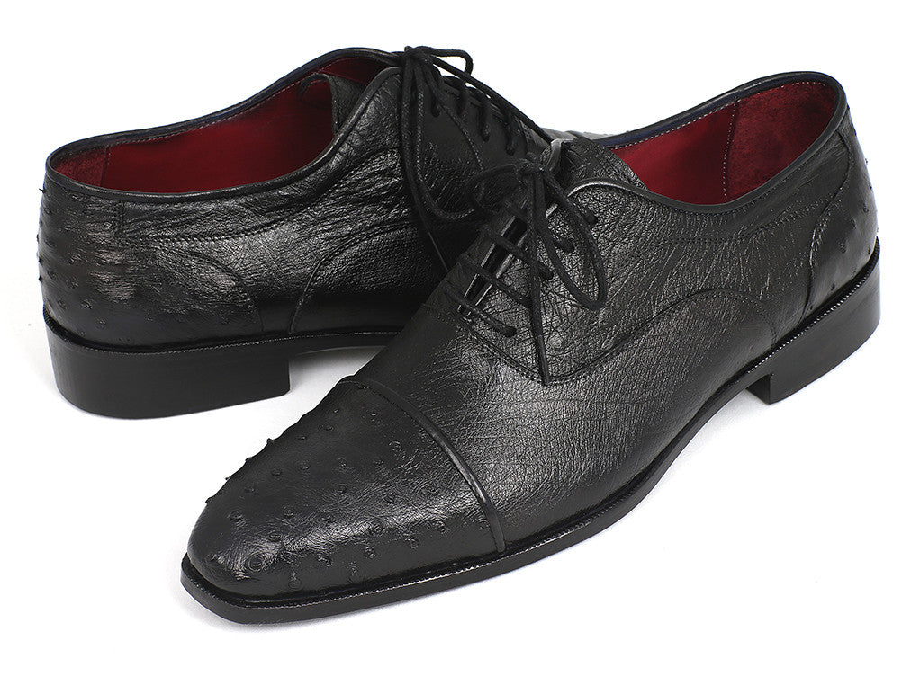 Paul Parkman Men's Genuine Ostrich Captoe Oxfords in black, showcasing the unique ostrich leather texture and elegant cap-toe design.
