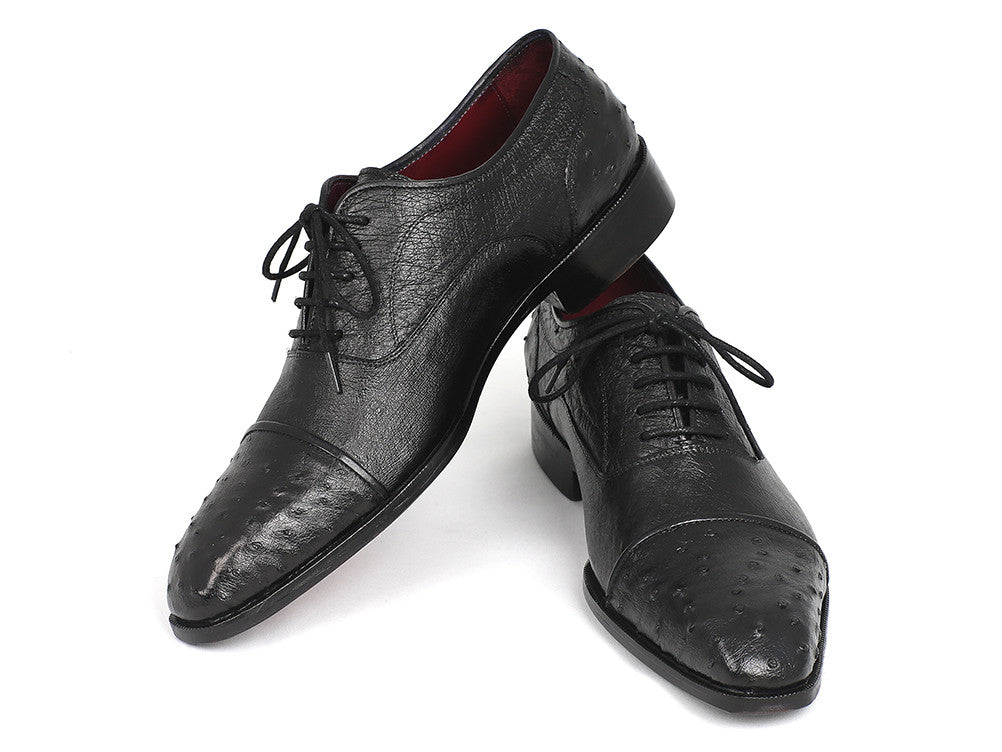 Paul Parkman Men's Genuine Ostrich Captoe Oxfords in black, showcasing the unique ostrich leather texture and elegant cap-toe design.