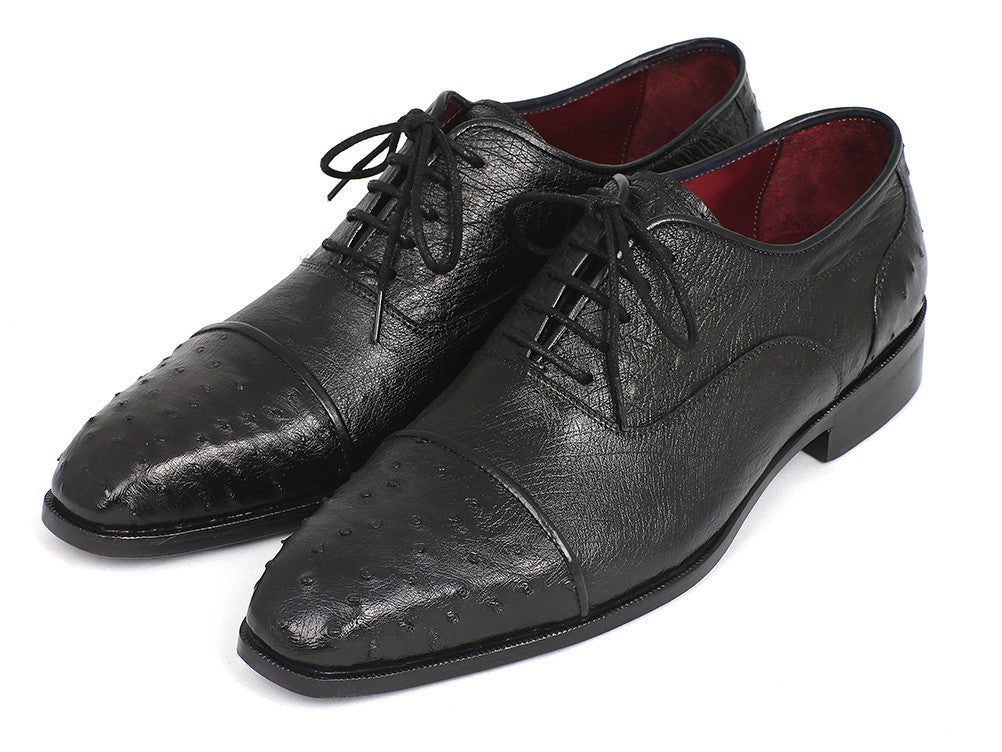 Paul Parkman Men's Genuine Ostrich Captoe Oxfords in black, showcasing the unique ostrich leather texture and elegant cap-toe design.