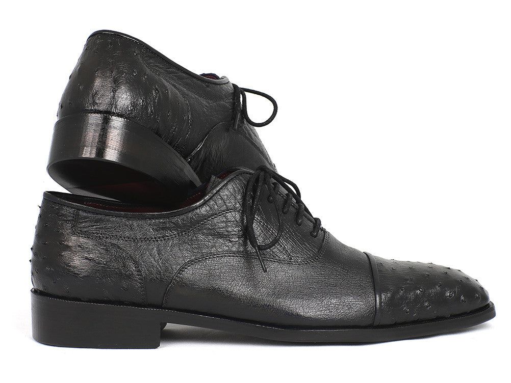Paul Parkman Men's Genuine Ostrich Captoe Oxfords in black, showcasing the unique ostrich leather texture and elegant cap-toe design.