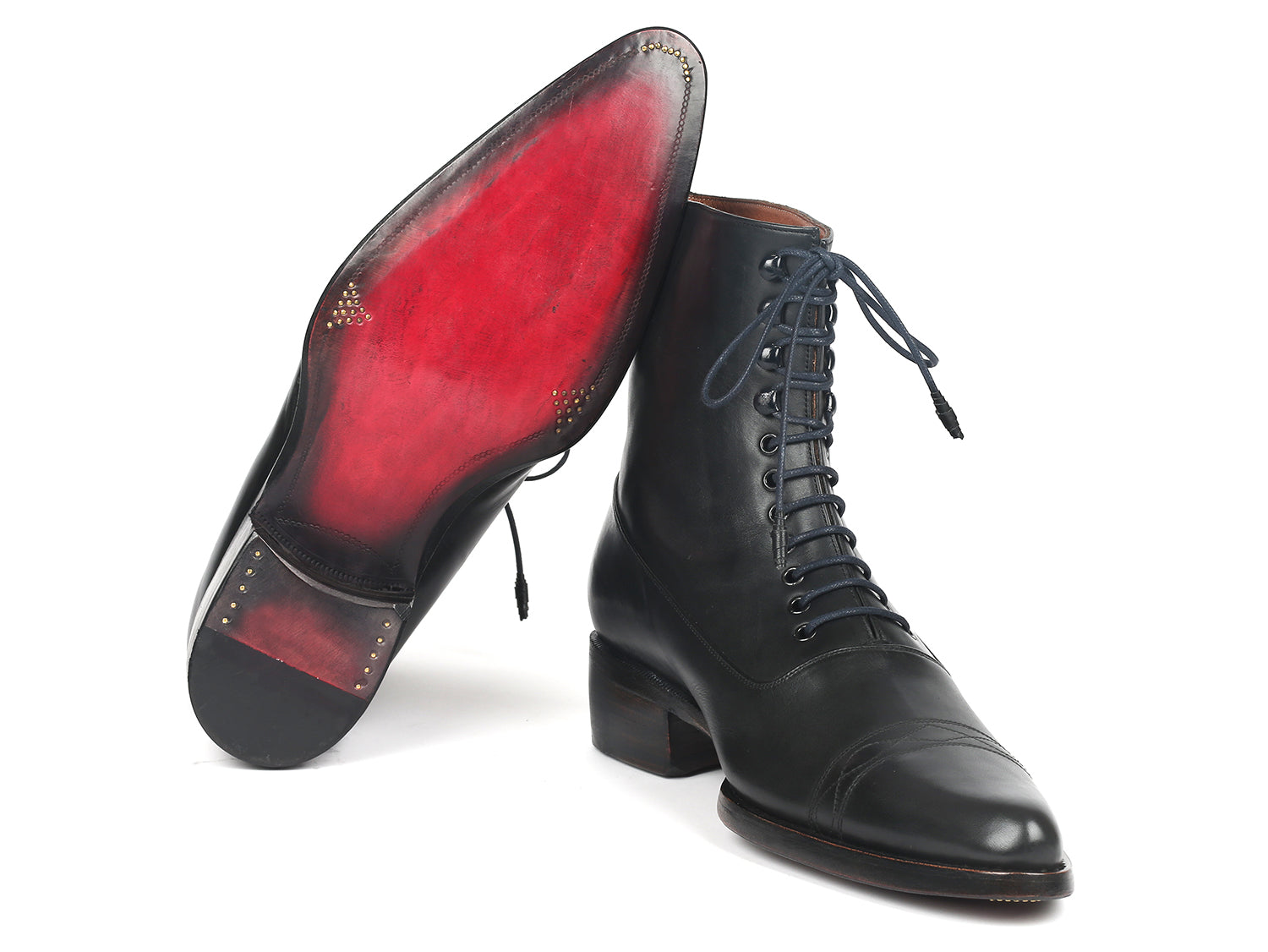 Paul Parkman Men's Goodyear Welted Boots in Black Leather with Bordeaux burnished sole, showcasing hand-painted craftsmanship.