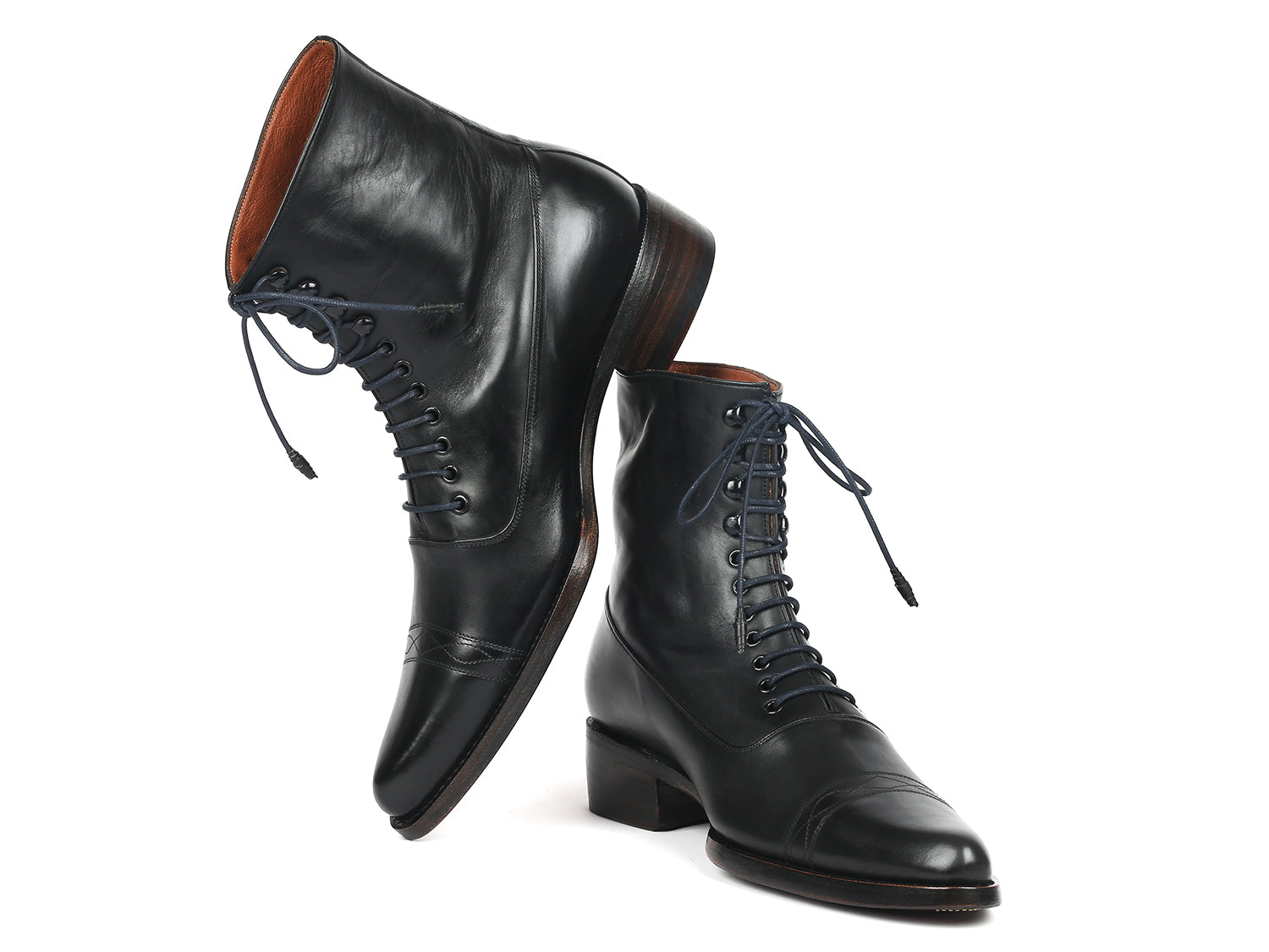 Paul Parkman Men's Goodyear Welted Boots in Black Leather with Bordeaux burnished sole, showcasing hand-painted craftsmanship.