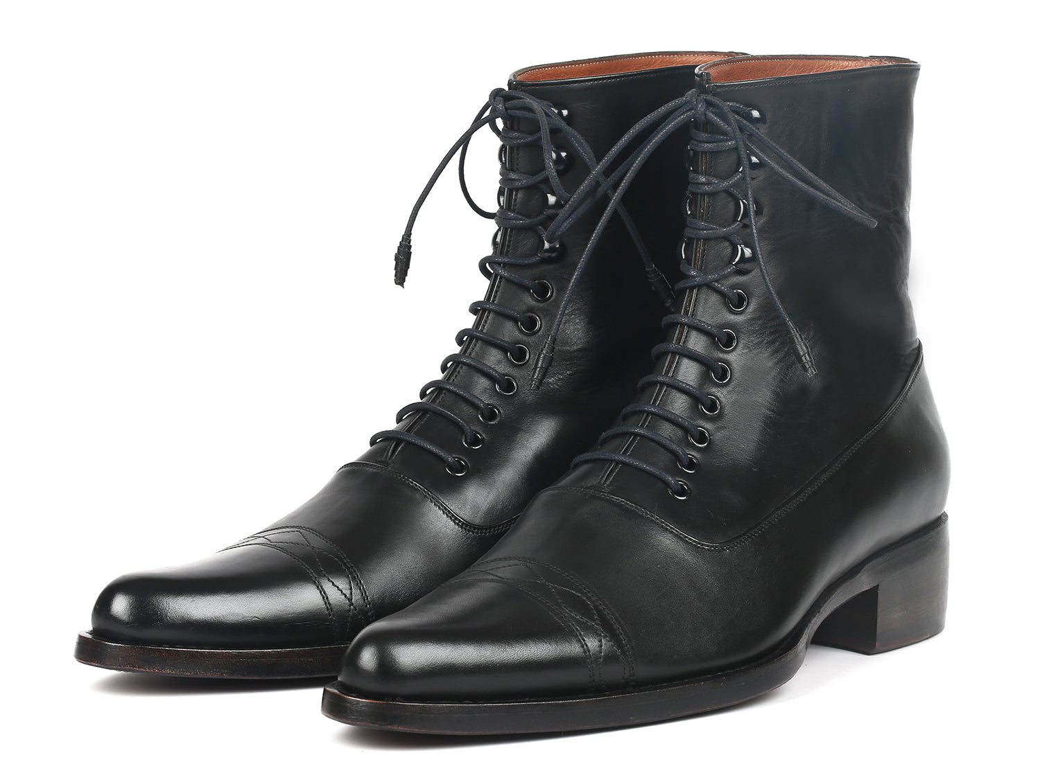 Paul Parkman Men's Goodyear Welted Boots in Black Leather with Bordeaux burnished sole, showcasing hand-painted craftsmanship.