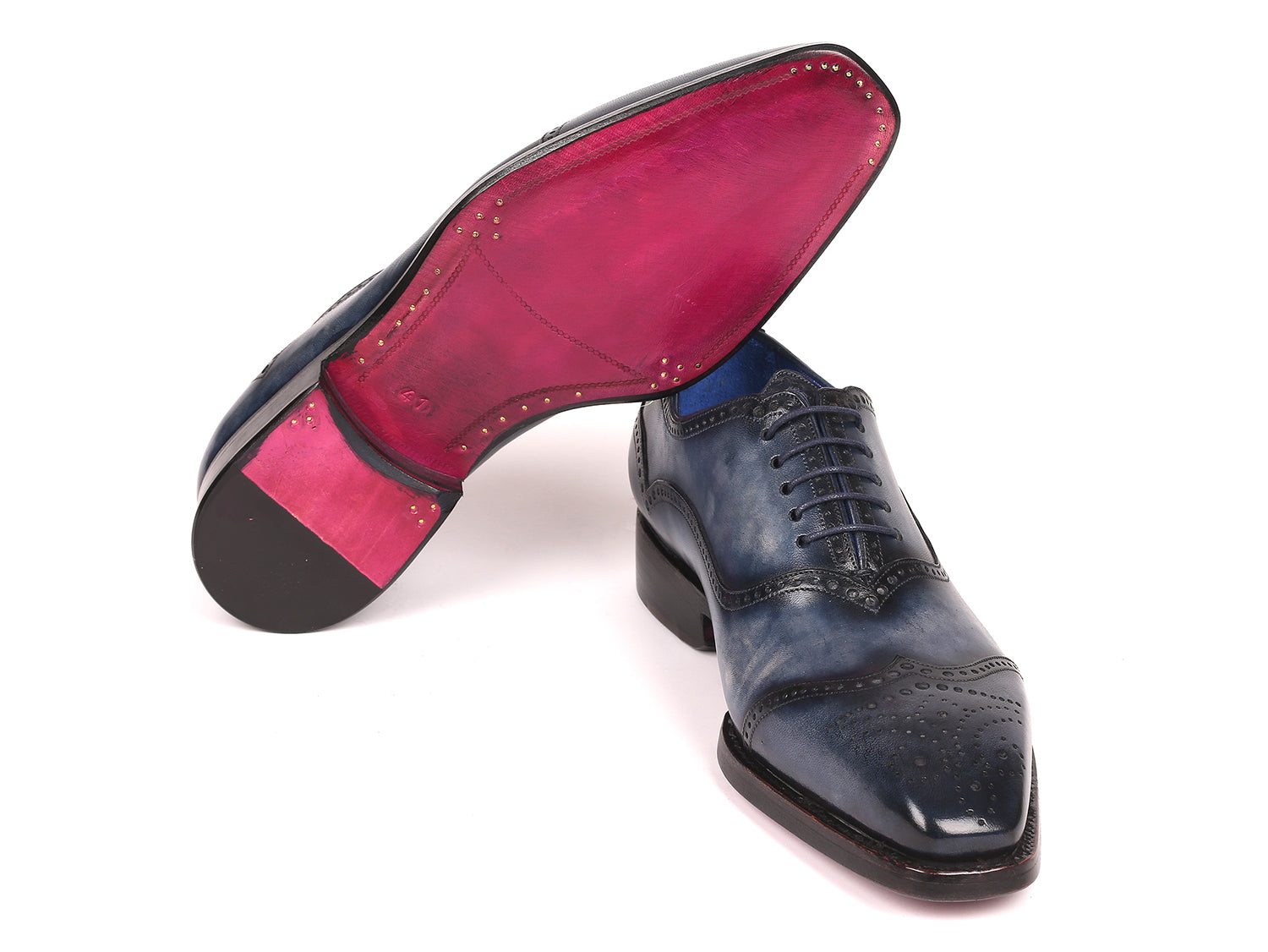 Paul Parkman Men's Goodyear Welted Oxford Shoes in Navy, showcasing hand-painted leather upper and double leather sole.