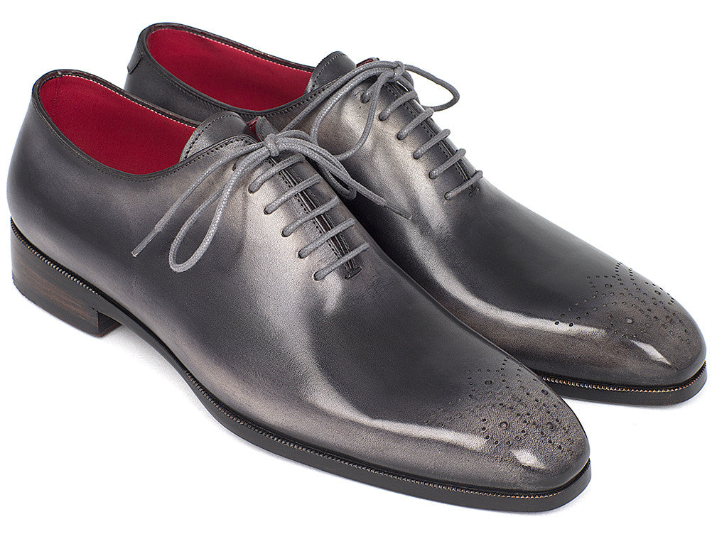 Paul Parkman Men's Gray & Black Wholecut Oxfords featuring a medallion toe design, hand-painted calfskin upper, and luxurious bordeaux leather lining.
