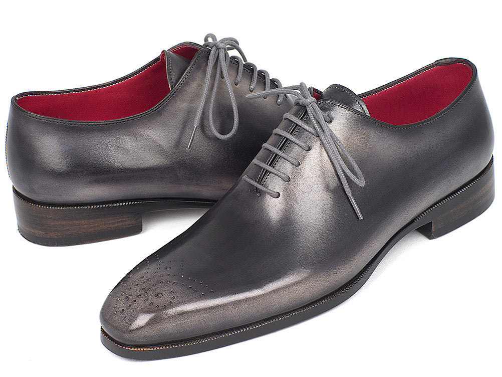 Paul Parkman Men's Gray & Black Wholecut Oxfords featuring a medallion toe design, hand-painted calfskin upper, and luxurious bordeaux leather lining.