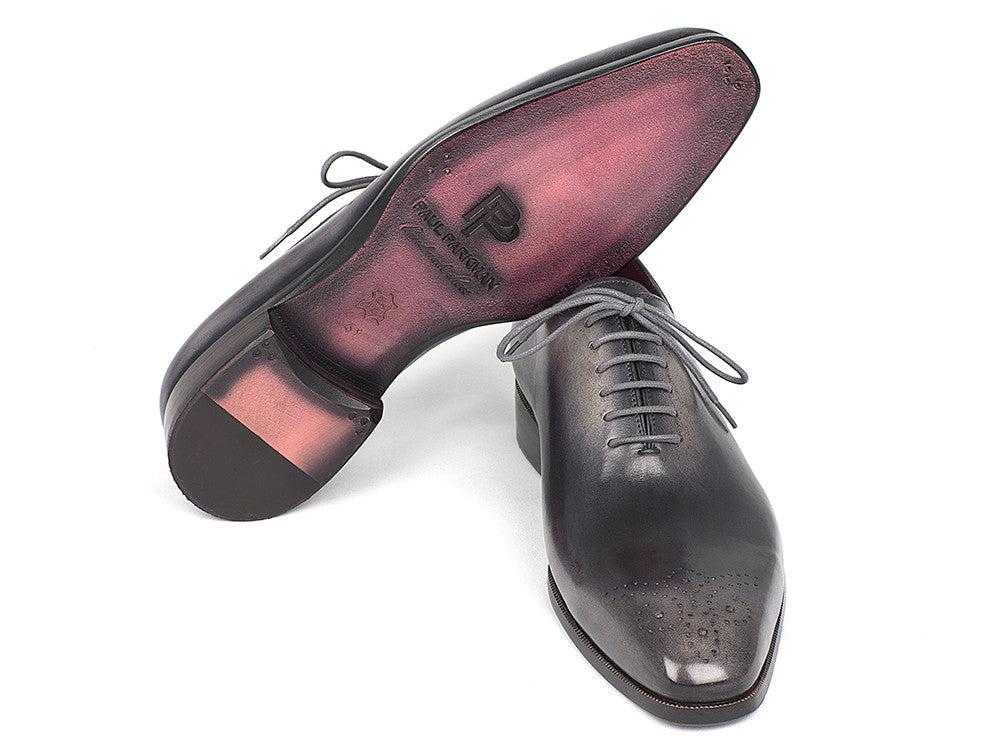 Paul Parkman Men's Gray & Black Wholecut Oxfords featuring a medallion toe design, hand-painted calfskin upper, and luxurious bordeaux leather lining.