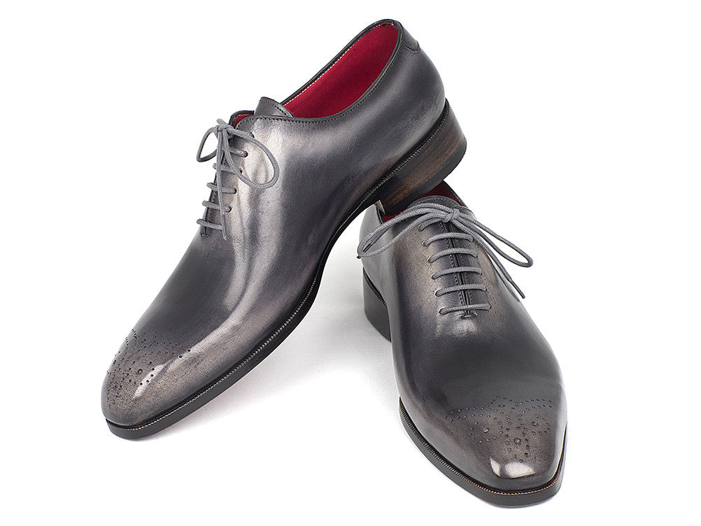 Paul Parkman Men's Gray & Black Wholecut Oxfords featuring a medallion toe design, hand-painted calfskin upper, and luxurious bordeaux leather lining.