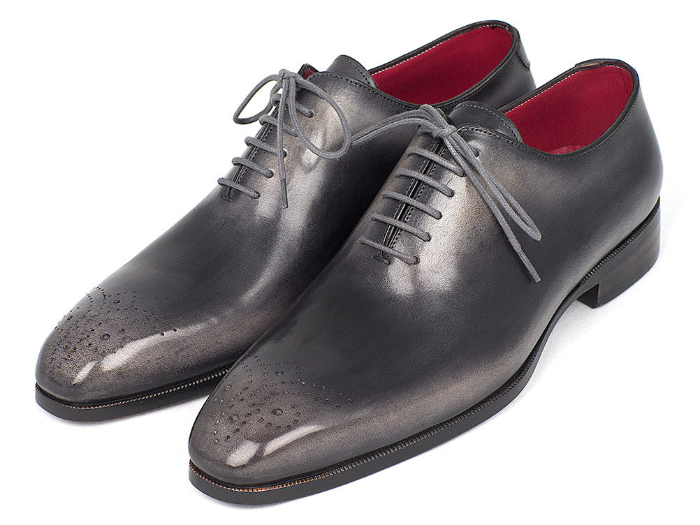 Paul Parkman Men's Gray & Black Wholecut Oxfords featuring a medallion toe design, hand-painted calfskin upper, and luxurious bordeaux leather lining.
