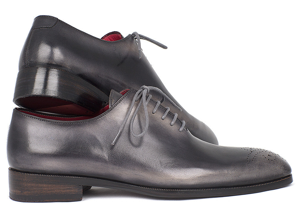 Paul Parkman Men's Gray & Black Wholecut Oxfords featuring a medallion toe design, hand-painted calfskin upper, and luxurious bordeaux leather lining.