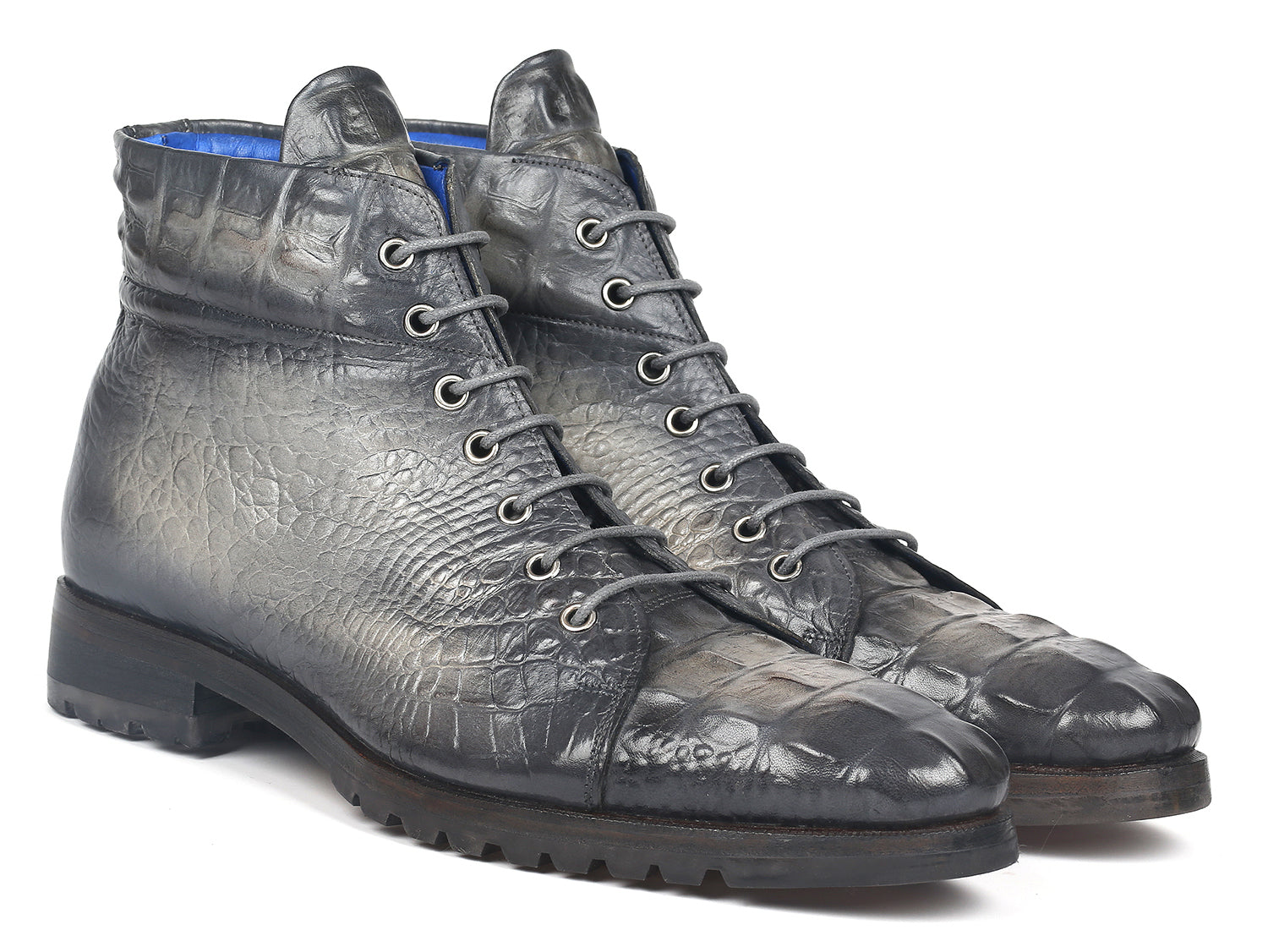 Paul Parkman Men's Gray Croco Embossed Leather Boots showcasing hand-painted gray leather with a croco pattern and blue leather lining.