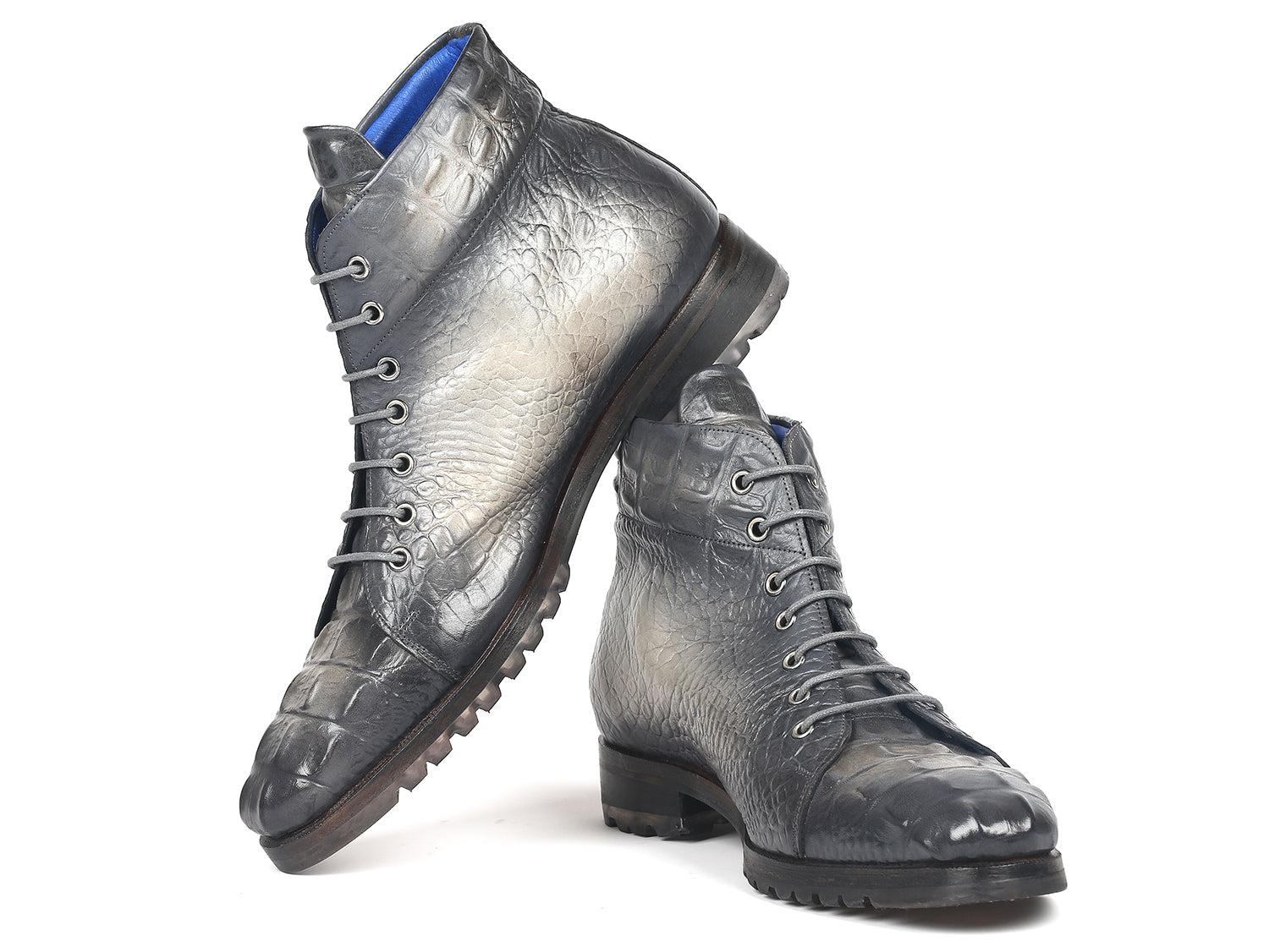 Paul Parkman Men's Gray Croco Embossed Leather Boots showcasing hand-painted gray leather with a croco pattern and blue leather lining.