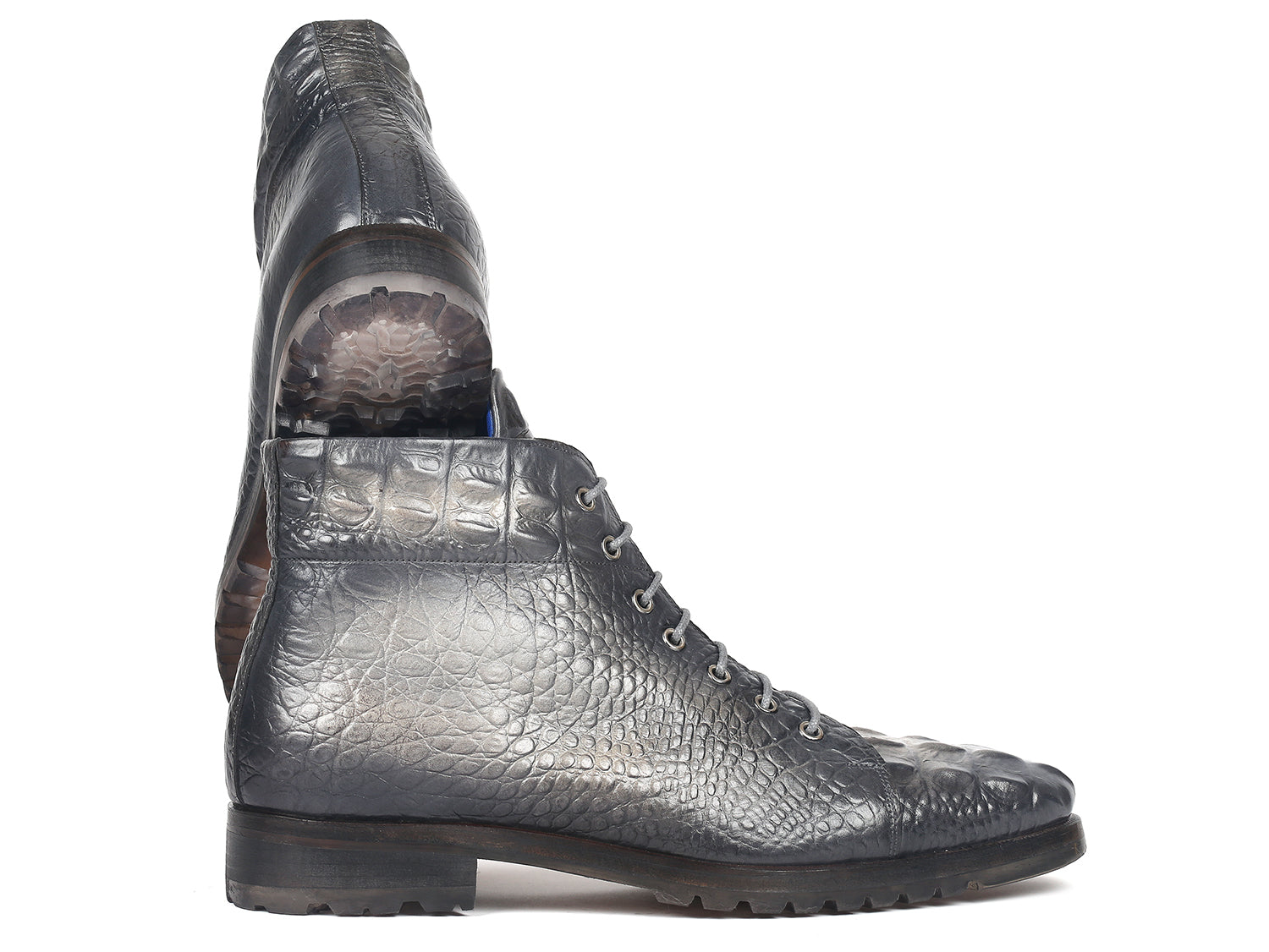 Paul Parkman Men's Gray Croco Embossed Leather Boots showcasing hand-painted gray leather with a croco pattern and blue leather lining.