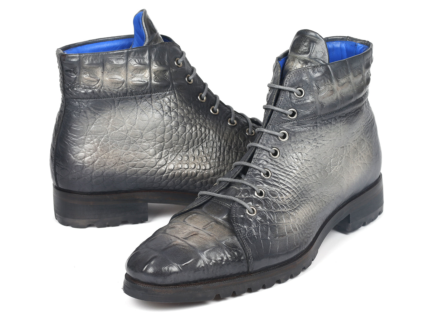 Paul Parkman Men's Gray Croco Embossed Leather Boots showcasing hand-painted gray leather with a croco pattern and blue leather lining.