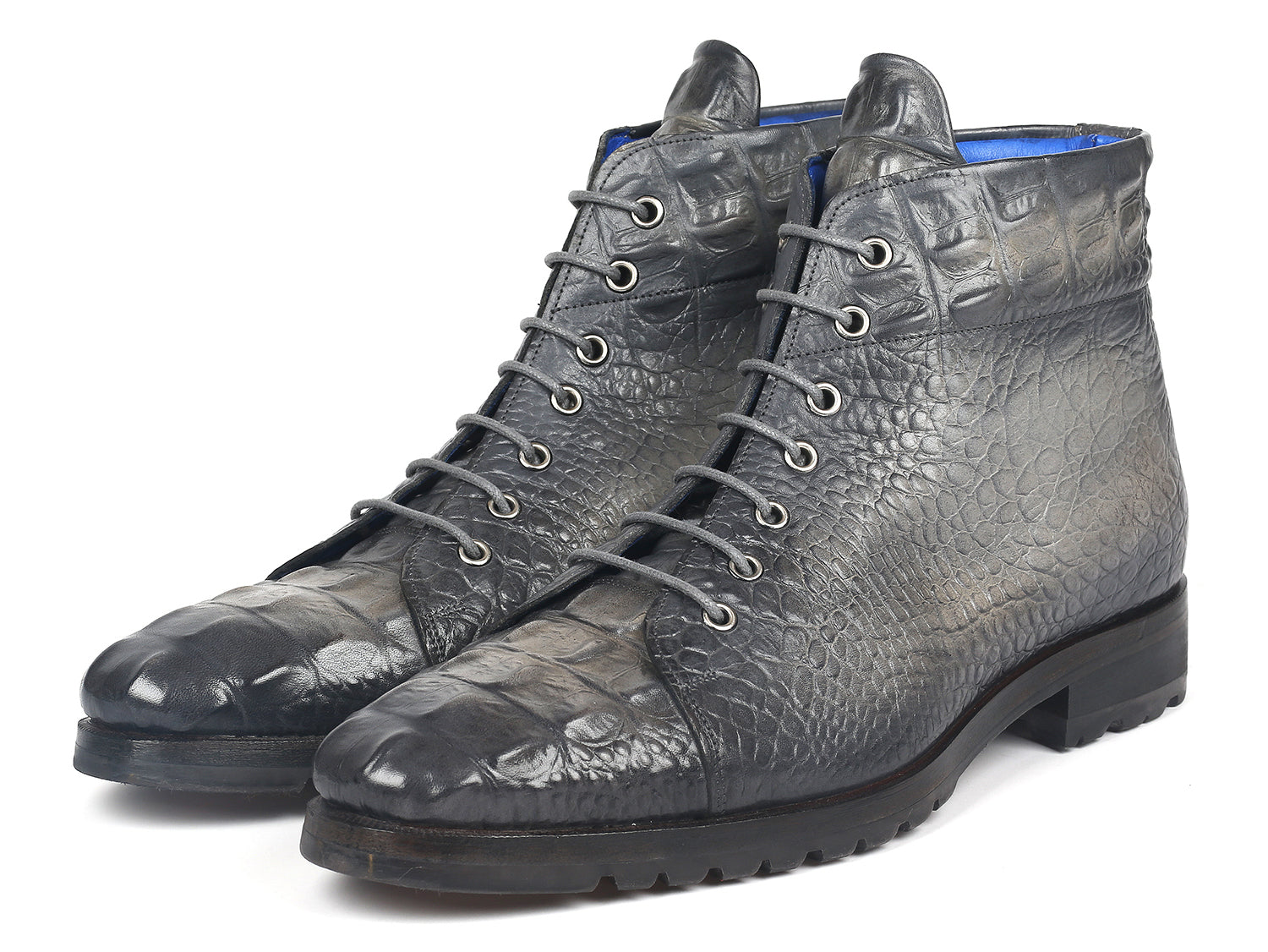Paul Parkman Men's Gray Croco Embossed Leather Boots showcasing hand-painted gray leather with a croco pattern and blue leather lining.