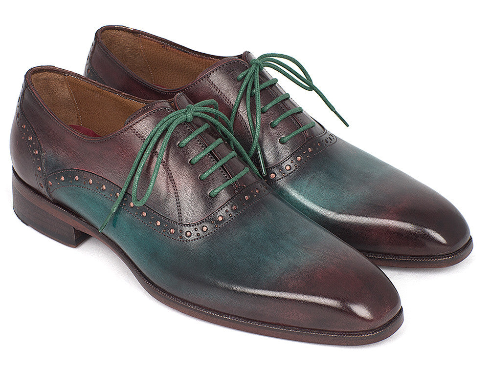 Paul Parkman Men's Green & Bordeaux Plain Toe Oxfords showcasing unique hand-painted leather and antique patina sole.