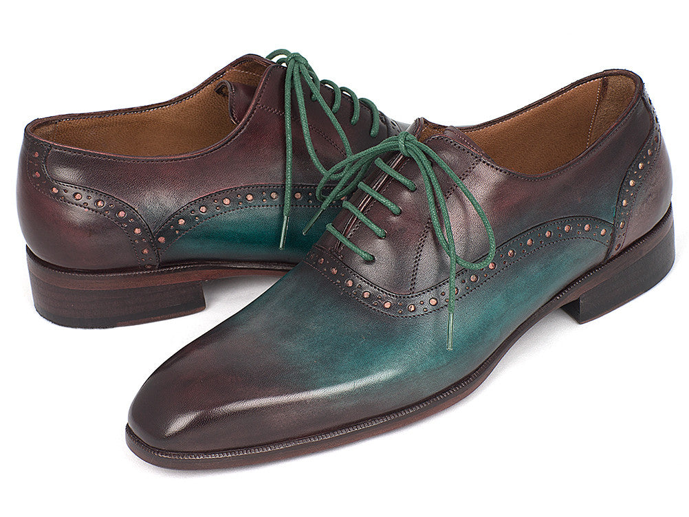 Paul Parkman Men's Green & Bordeaux Plain Toe Oxfords showcasing unique hand-painted leather and antique patina sole.