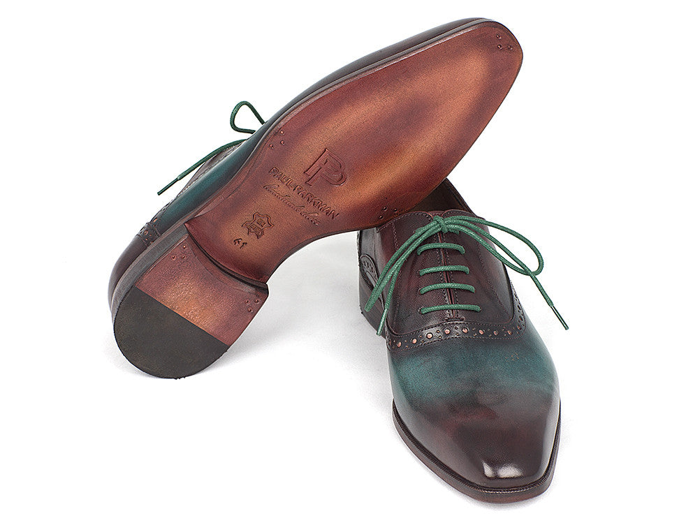 Paul Parkman Men's Green & Bordeaux Plain Toe Oxfords showcasing unique hand-painted leather and antique patina sole.