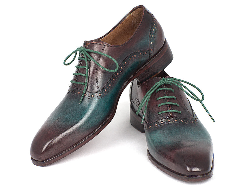 Paul Parkman Men's Green & Bordeaux Plain Toe Oxfords showcasing unique hand-painted leather and antique patina sole.