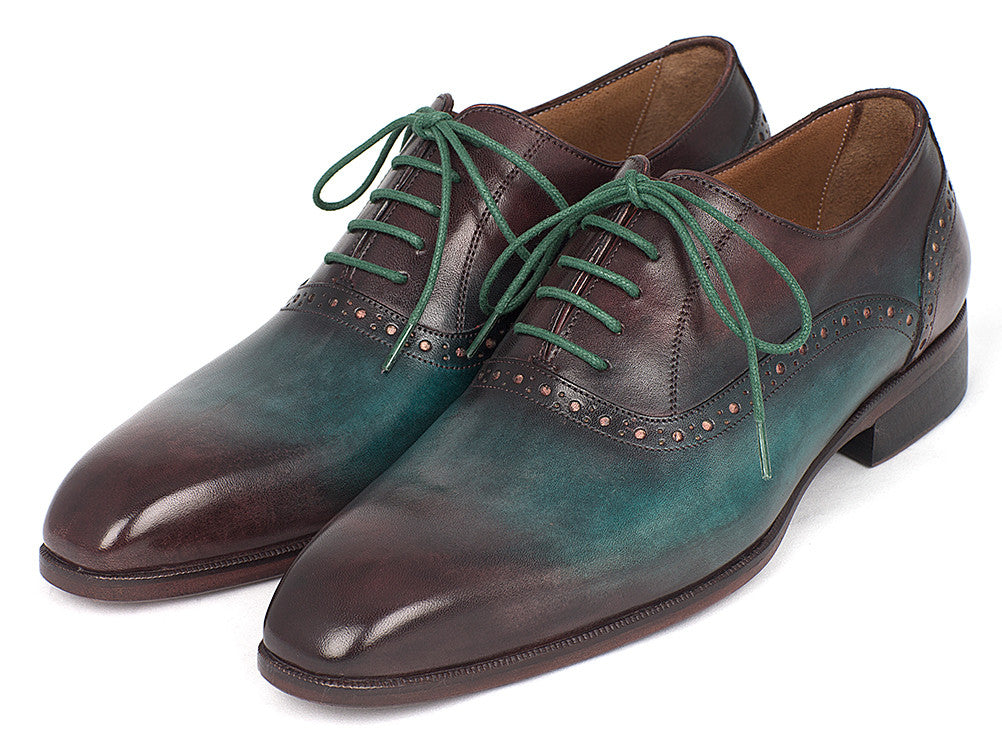 Paul Parkman Men's Green & Bordeaux Plain Toe Oxfords showcasing unique hand-painted leather and antique patina sole.