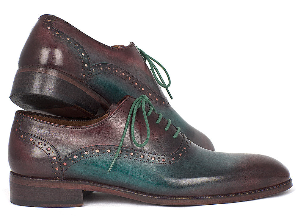 Paul Parkman Men's Green & Bordeaux Plain Toe Oxfords showcasing unique hand-painted leather and antique patina sole.