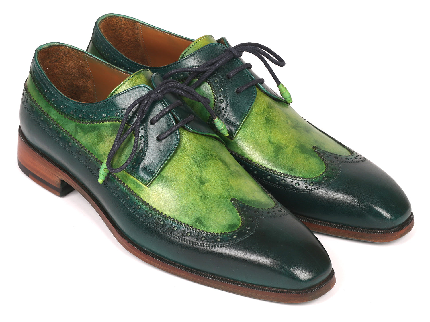 Paul Parkman Men's Green Dual Tone Wingtip Derby Shoes featuring hand-painted calfskin upper and blue burnished leather sole.