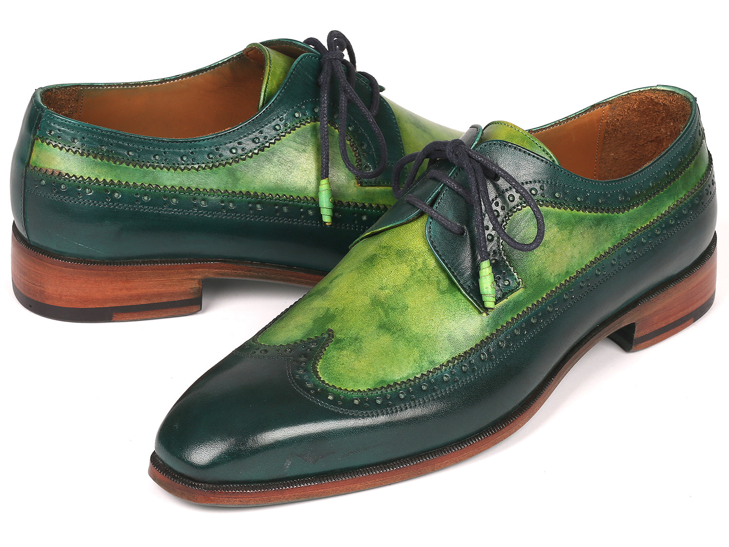 Paul Parkman Men's Green Dual Tone Wingtip Derby Shoes featuring hand-painted calfskin upper and blue burnished leather sole.